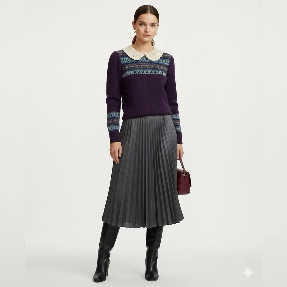Ralph Lauren Purple Fair Isle Sweater with Cream Lace Collar